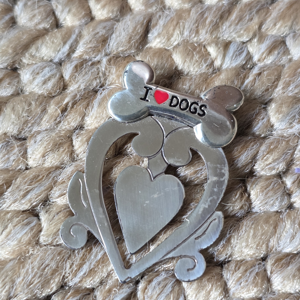 Brighton Silver Heart and Bone Dog Bookmark. "I Love Dogs"